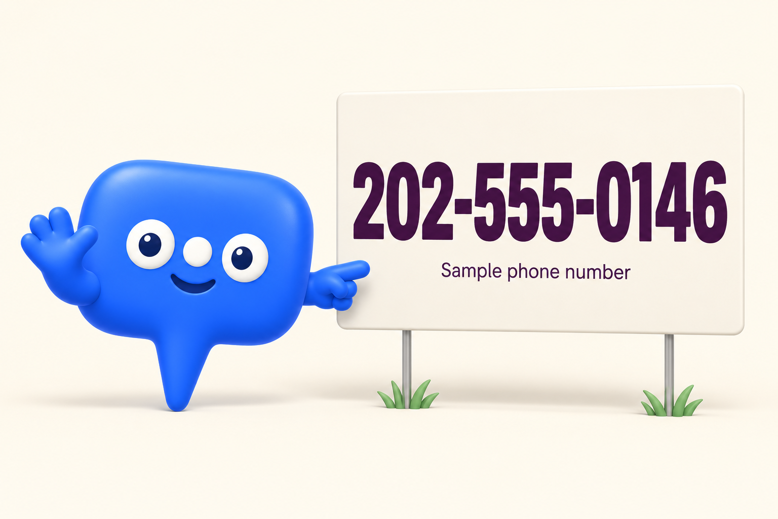 Illustration of the Offscreen mascot beside a yard sign with the large sample phone number 202-555-0146.