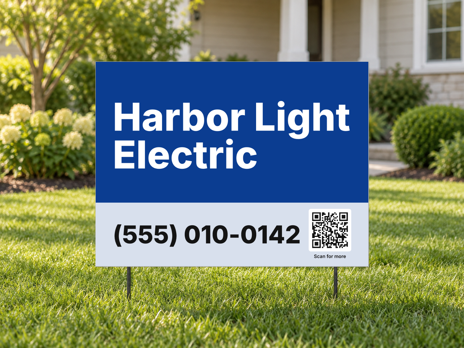 Example Harbor Light Electric yard sign on a lawn, with a large phone number and a QR code marked Scan for more