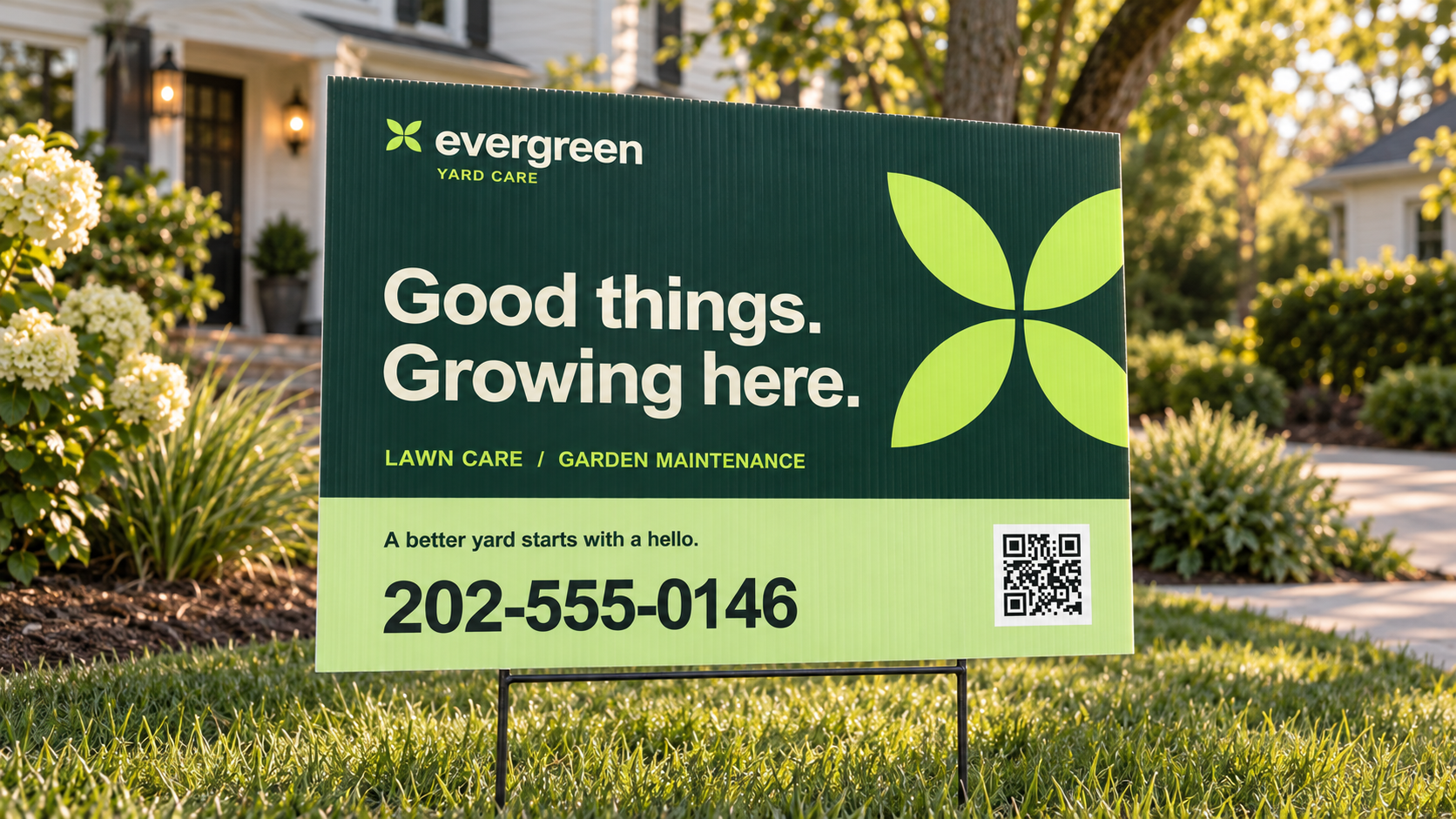 Illustrative Evergreen yard sign with a sample phone number and QR code