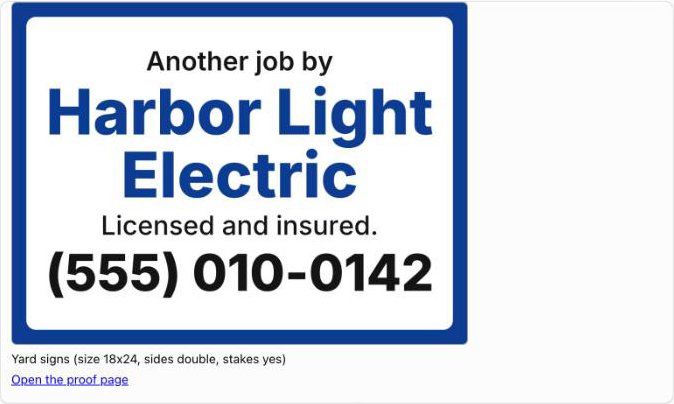 Offscreen yard sign proof in ChatGPT for the example business Harbor Light Electric
