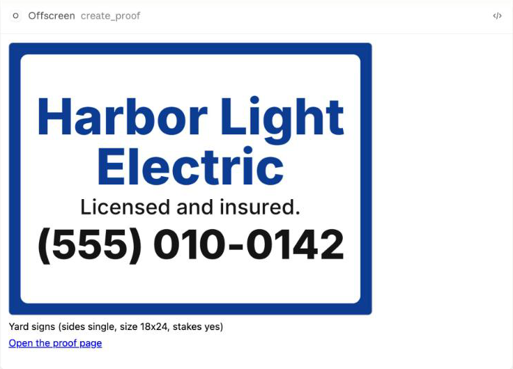 Offscreen yard sign proof in Claude for the example business Harbor Light Electric