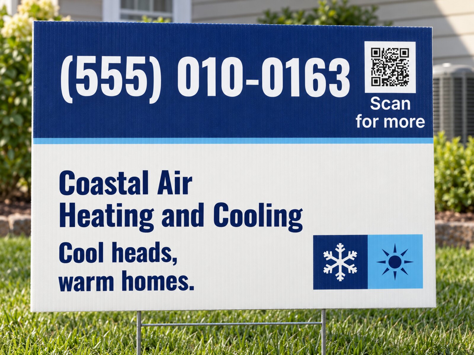 Example Coastal Air Heating and Cooling yard sign with a large phone number and a scan code