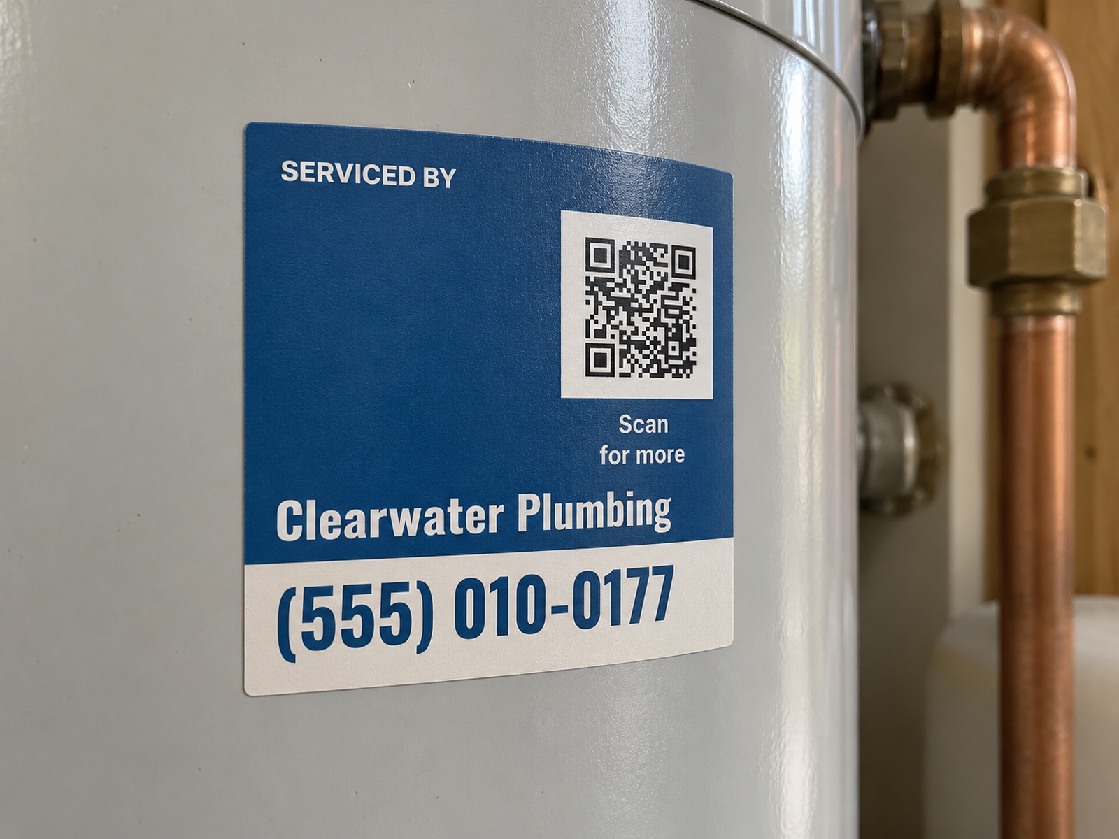Example Clearwater Plumbing service label on a water heater, with a phone number and a scan code