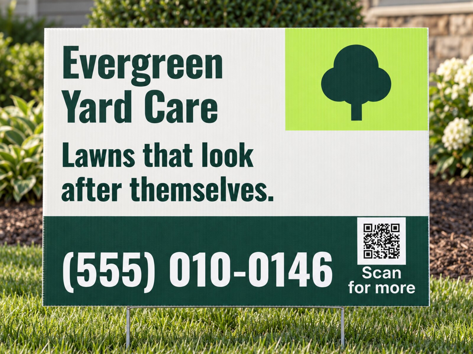 Example Evergreen Yard Care yard sign with a large phone number and a scan code