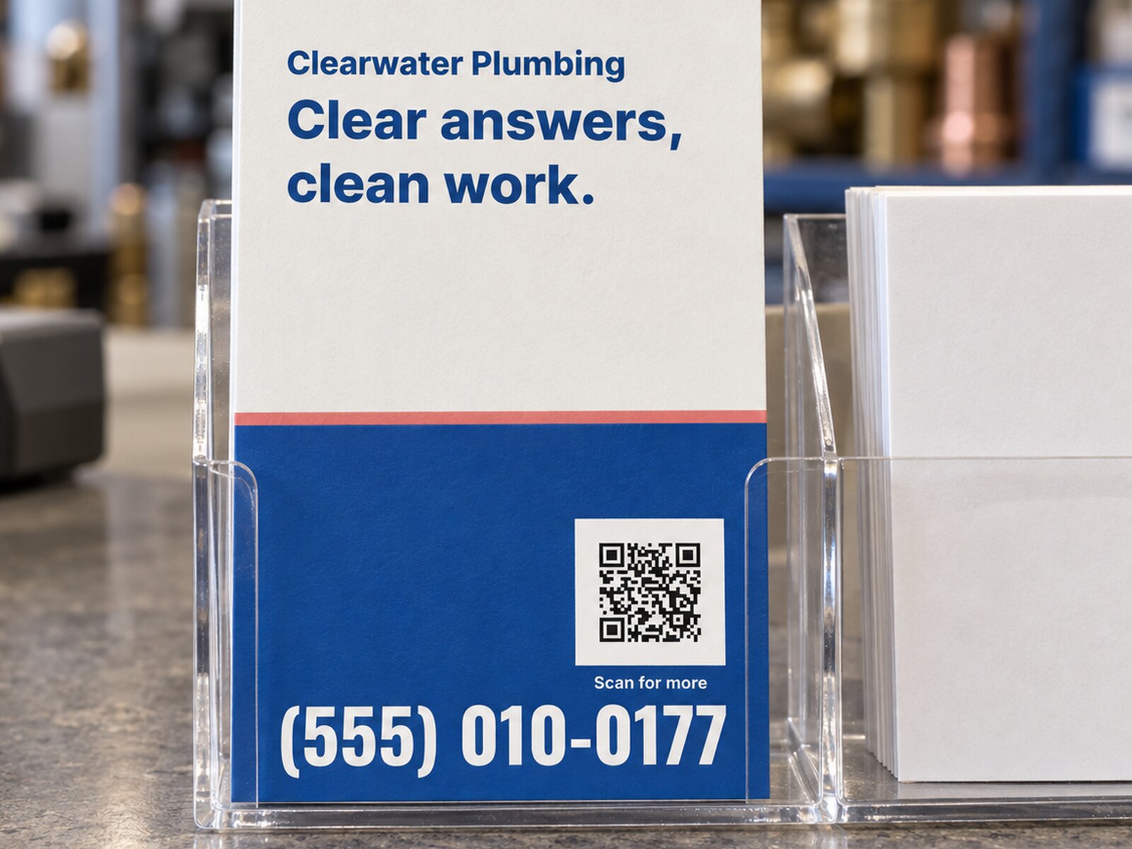 A Clearwater Plumbing rack card standing in a clear rack on a supply house counter, with the phone number (555) 010-0177 and a scan code