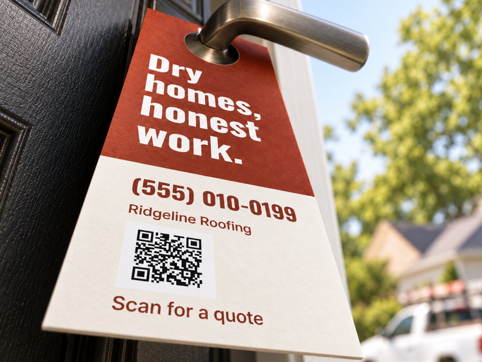 Example Ridgeline Roofing door hanger with a large phone number, a short offer and a scan code